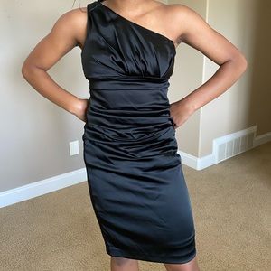 One shoulder, knee length black party dress